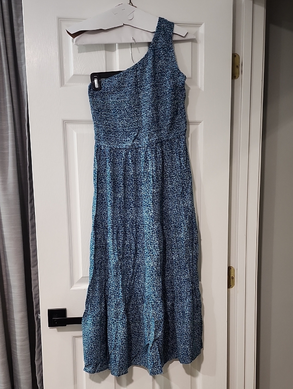 One-Shoulder Blue/Green Speckled Midi Dress